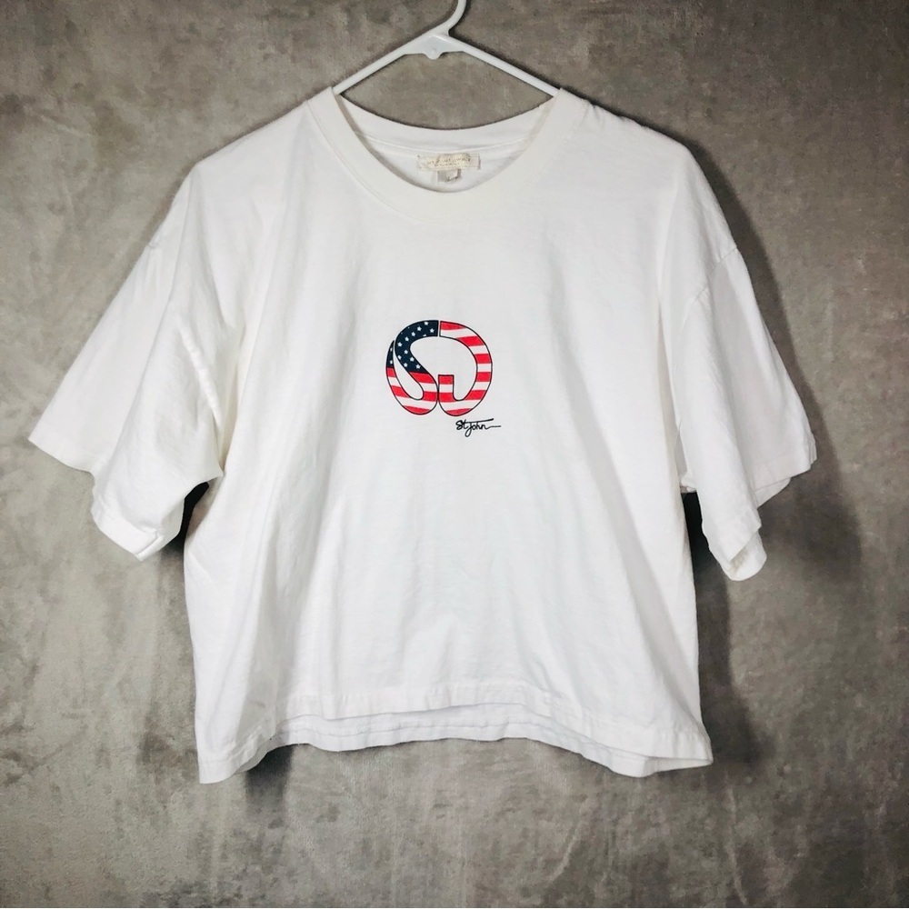 VTG St John Sport Logo T Shirt Women’s M White Boxy‎ Americana Flag 90s Designer